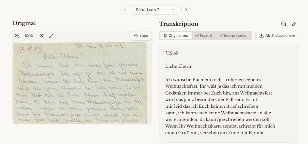 GermanLetters App: Handwritten Christmas letter from 1943 – original postcard on the left, AI transcription on the right