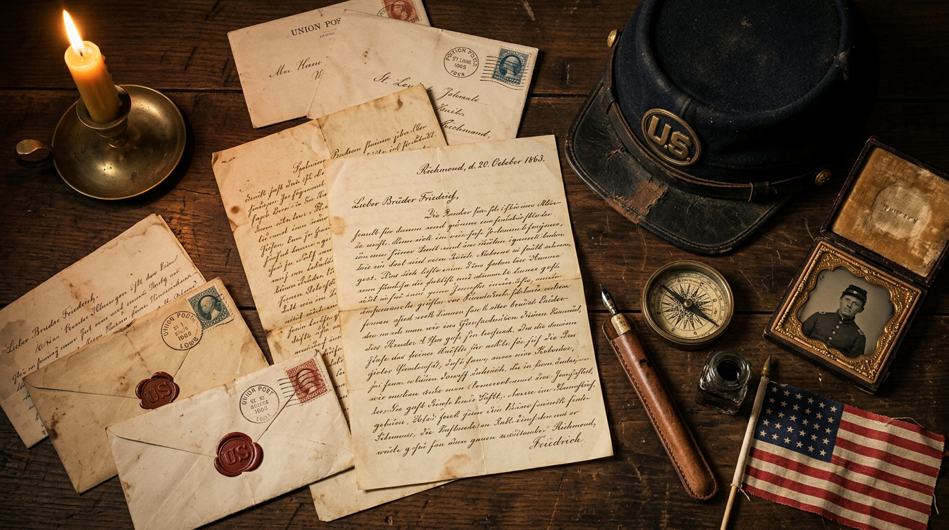 Civil War era German letters in Kurrent script with Union Army kepi, compass, and daguerreotype on a walnut desk