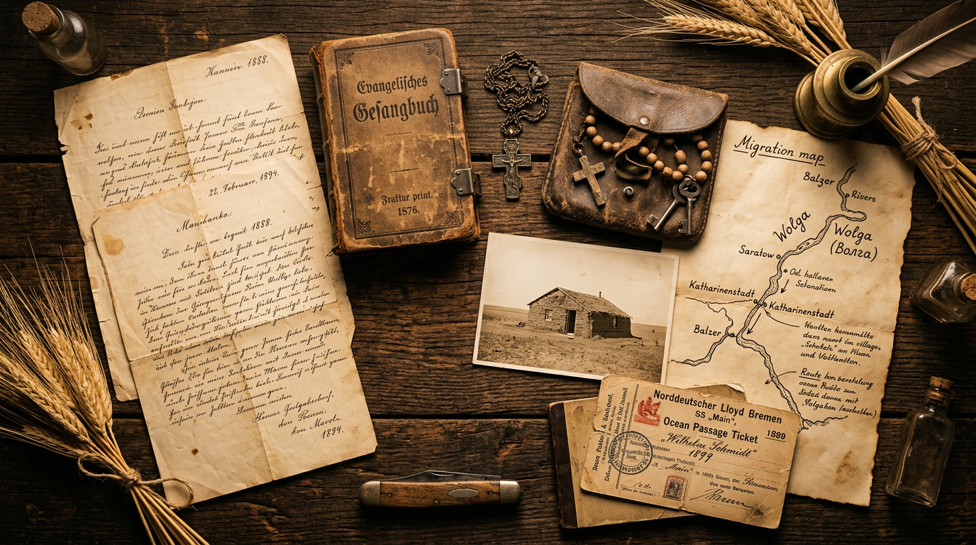 Volga German heritage documents with Kurrent letters, Evangelisches Gesangbuch, migration map, ocean passage ticket, and wheat stalks