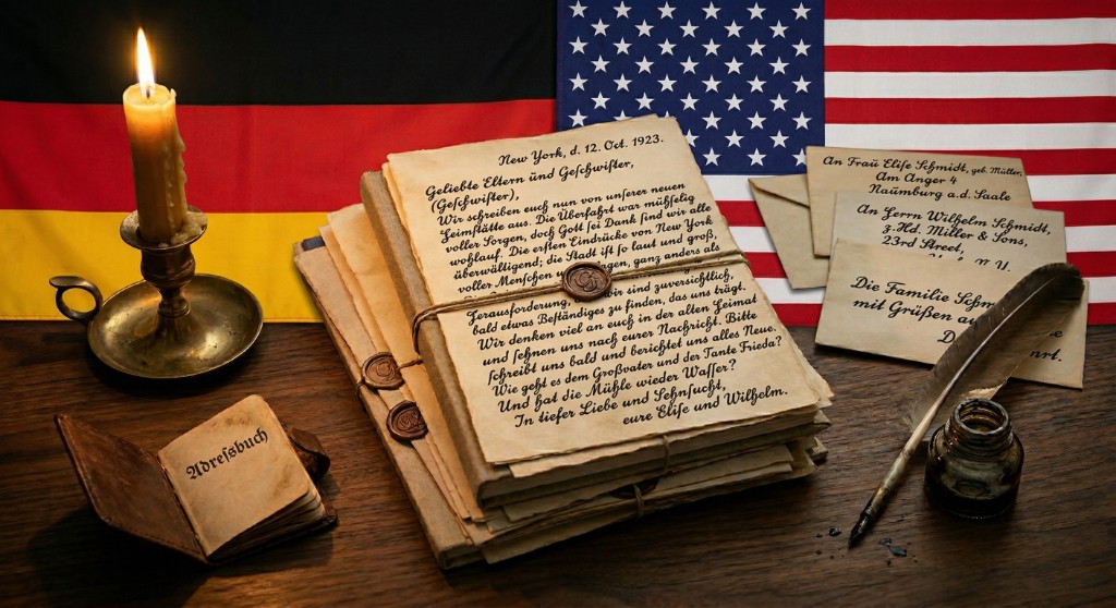 Desk with German and US flags, old immigrant letters with wax seals, candle, and quill
