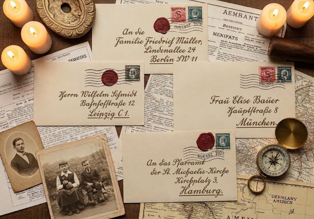 Old German immigrant letters, envelopes with wax seals, and family photographs