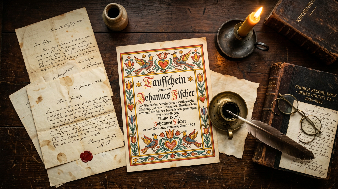 Pennsylvania Dutch Fraktur Taufschein with folk art, old Kurrent letters, church record books, and quill pen on colonial desk