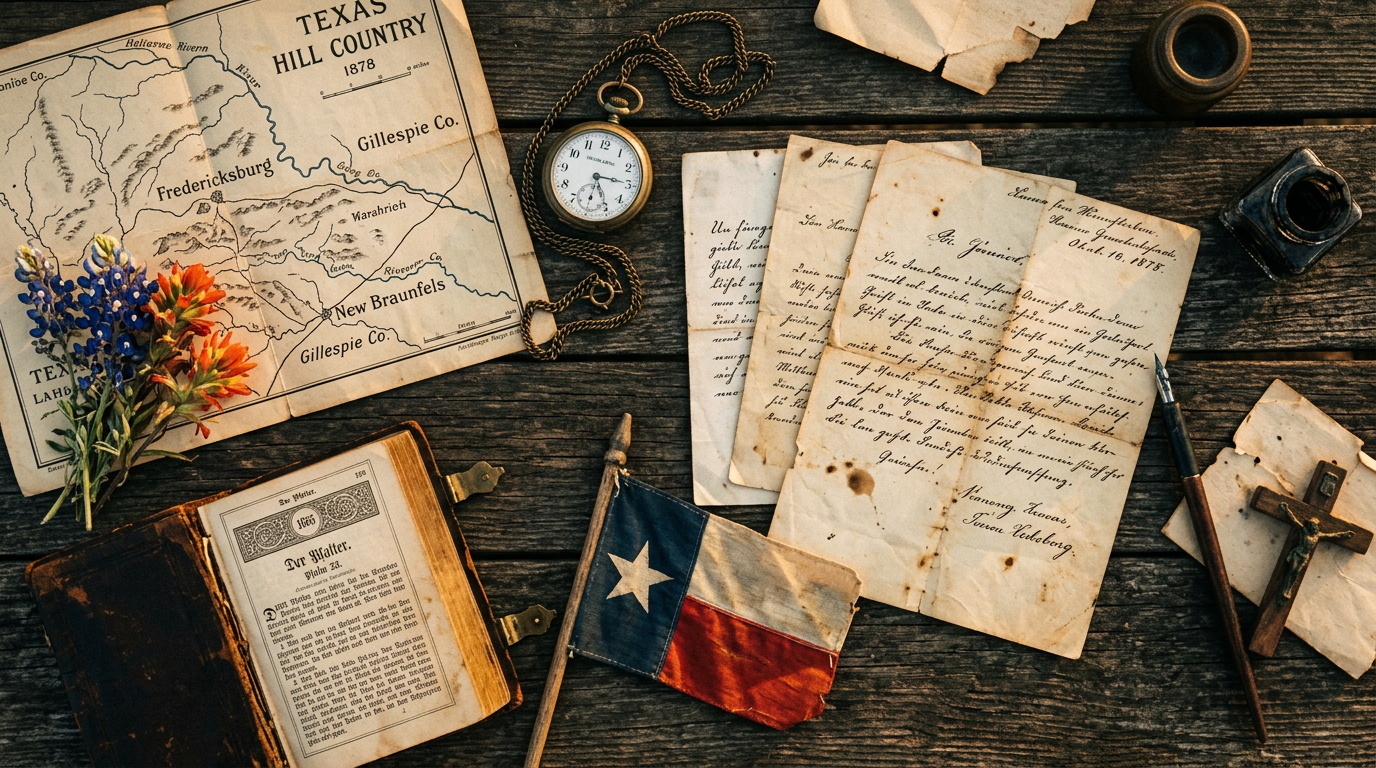Texas German heritage documents with Hill Country map, Kurrent letters, pocket watch, and Lone Star flag on weathered wood